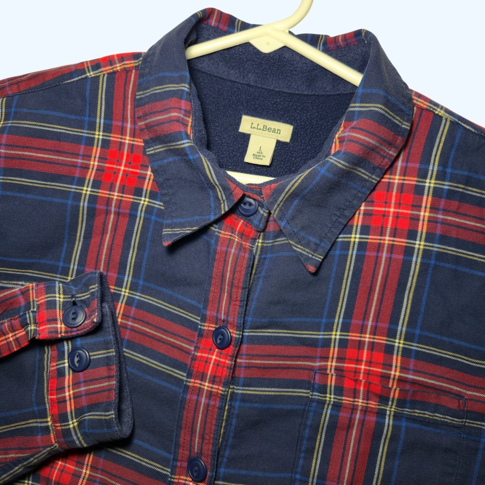 LL Bean Fleece Lined Flannel Shirt Jacket Womens Large Plaid Navy Blue 285013